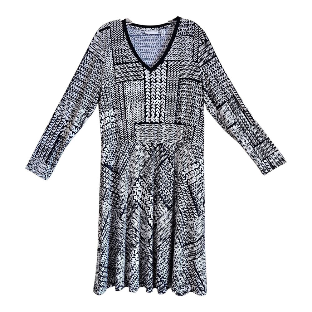 SUSAN GRAVER Women's L Dress Liquid Knit Navy White Long Sleeve All Occasion